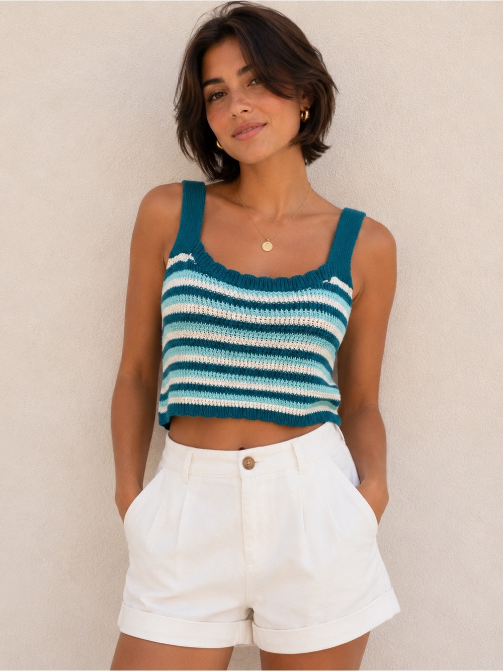 Crochet white and teal striped cropped tank top sweater size large